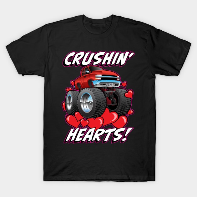 Crushin' Hearts Monster Truck Funny Valentines Day T-Shirt by hobrath